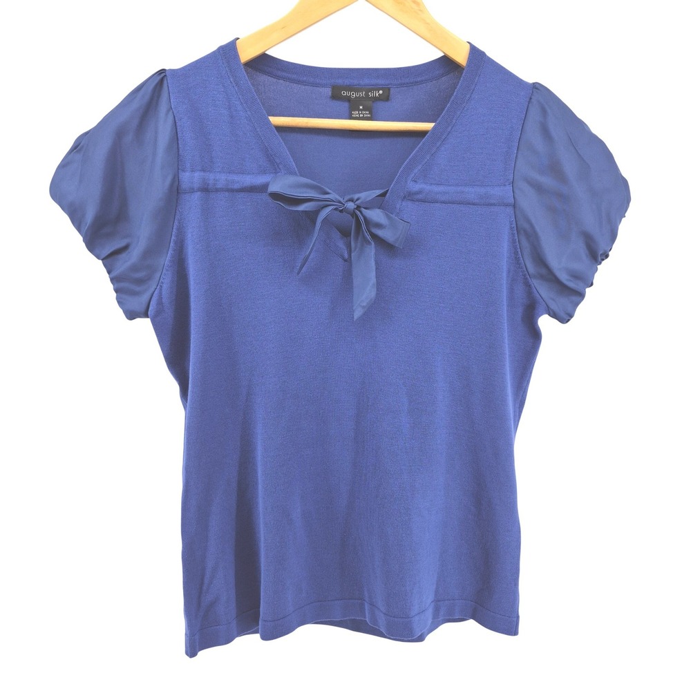 August Silk Women's Blue V Neck Bow Accent Short Sleeve Knit Top Size M Travel